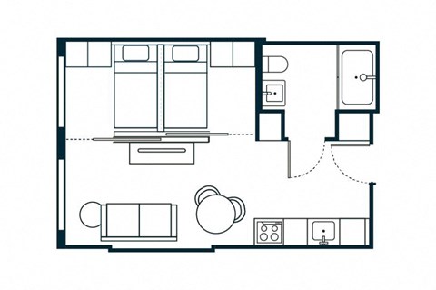 Floor plan for 1 bed, 1 bath, 409 sqft